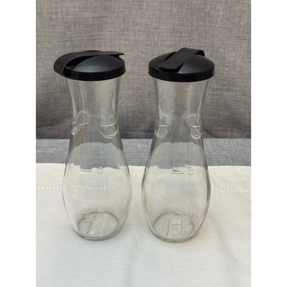 Vintage Good Seasons Glass Salad Dressing Cruet Set of 2 with Black Lids Clear